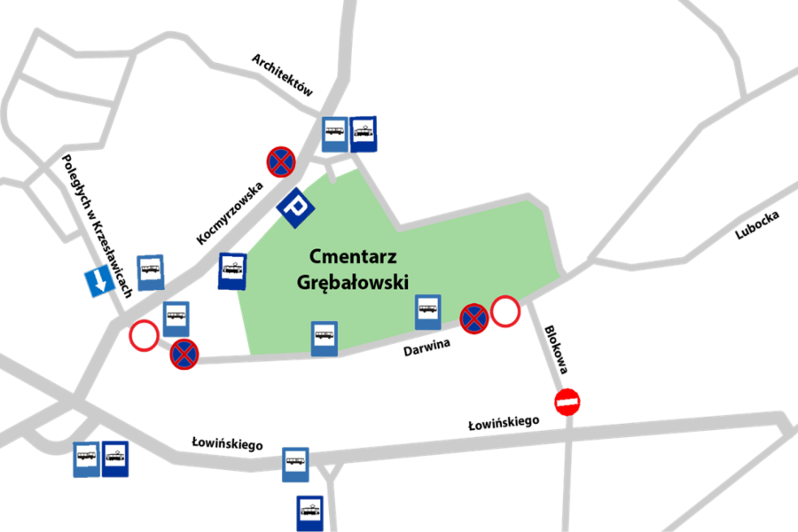 Cmentarz Grębałów ograniczenia w ruchu i ograniczenia postoju obowiązują w dniach 30 października – 1 listopada.