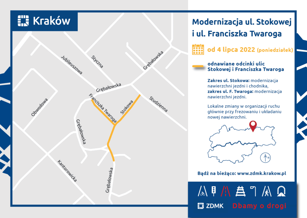Utrudnienie w ruchu ulicznym w osiedlu Grębałów.  W poniedziałek,  4 lipca drogowcy pojawią się na ul. Stokowej i ul. Twaroga