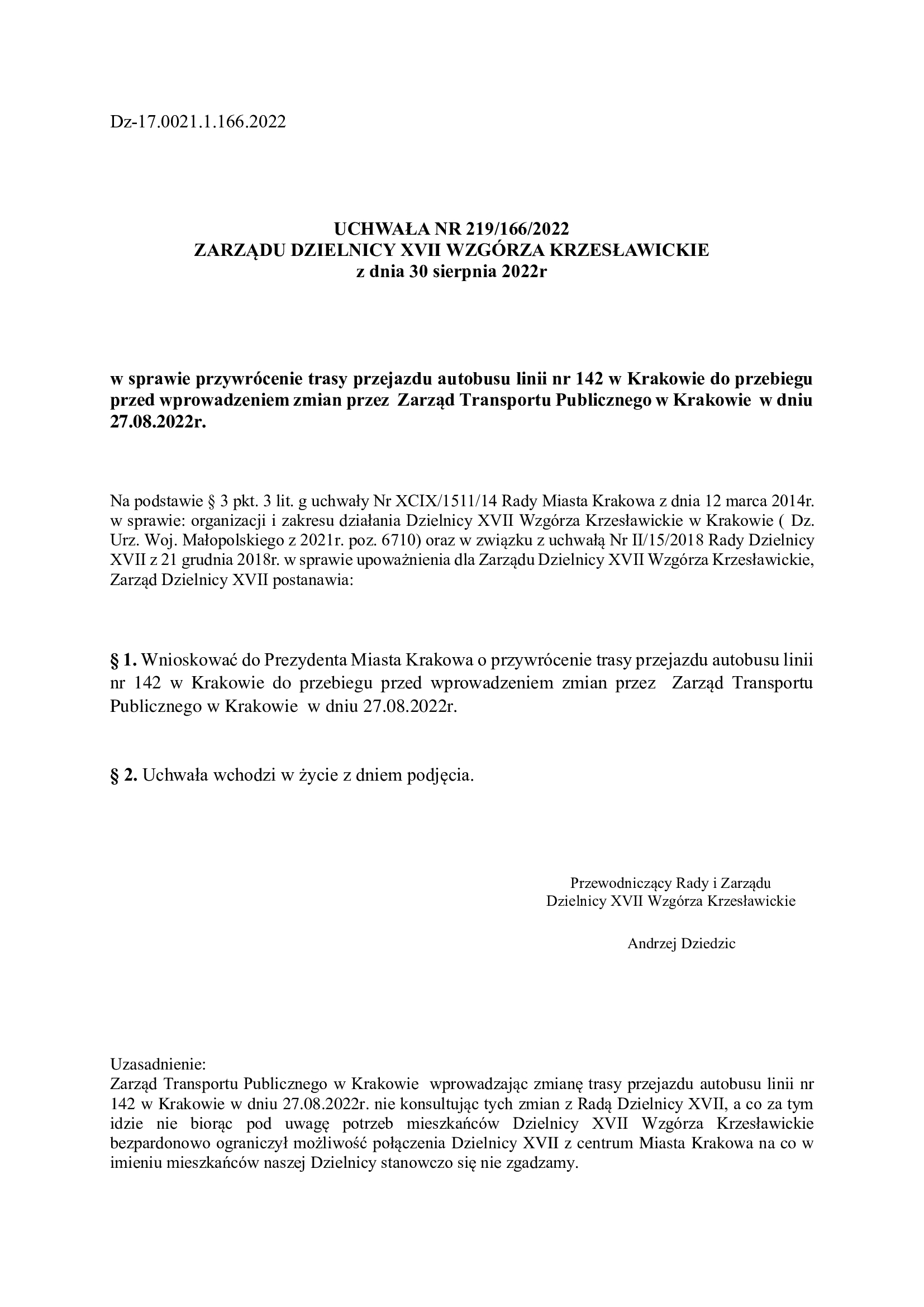 LINIA nr 142 – Protest Rady Dzielnicy XVII  – Uchwała Zarządu Dzielnicy  skierowana do Prezydenta Miasta Krakowa w sprawie przywrócenie trasy przejazdu autobusu linii nr 142 w Krakowie