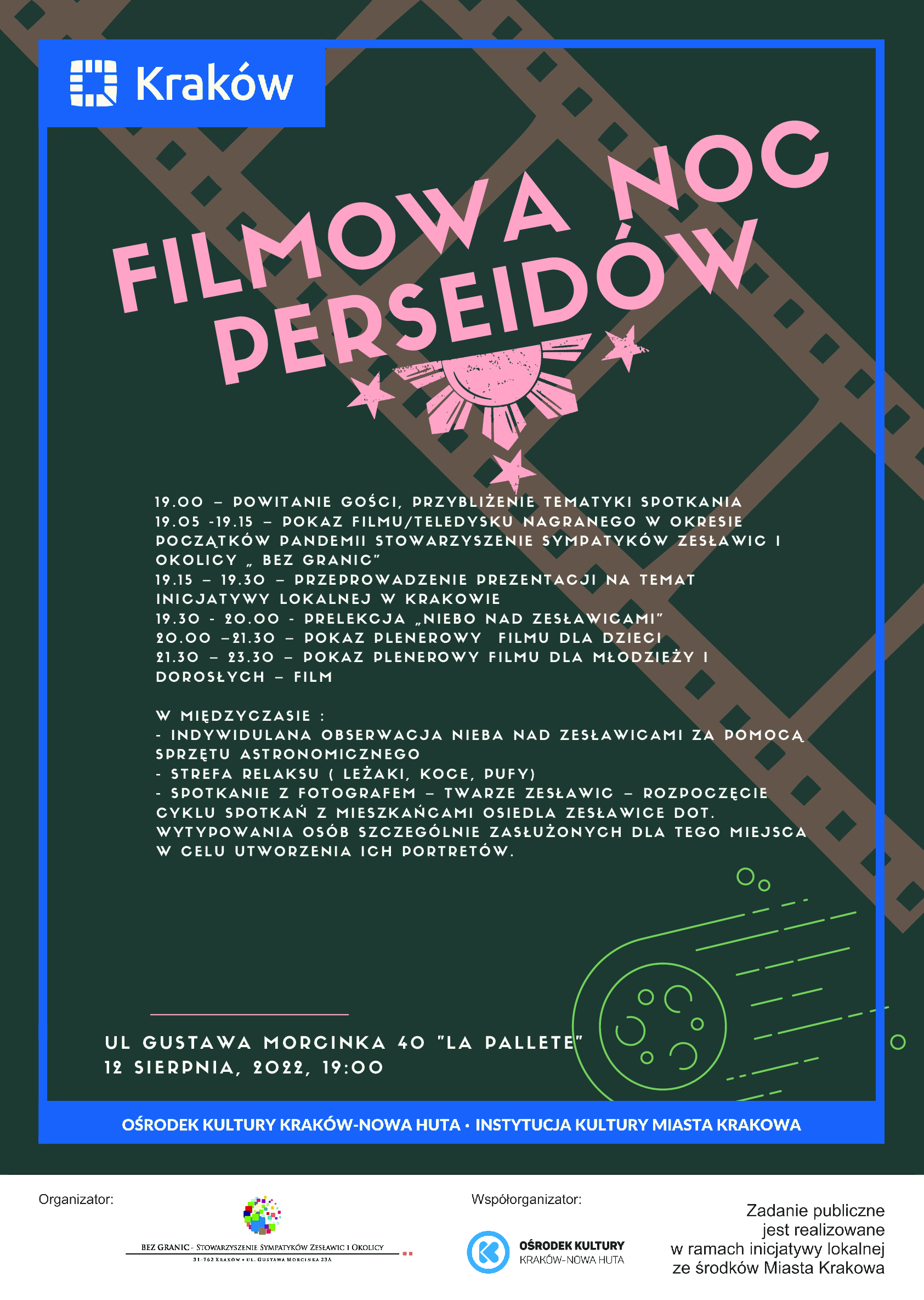 12 sierpnia w godz 19.oo – 23.3o zapraszamy do Zesławic  na Filmową Noc Perseidów  ul. Gustawa Morcinka 40