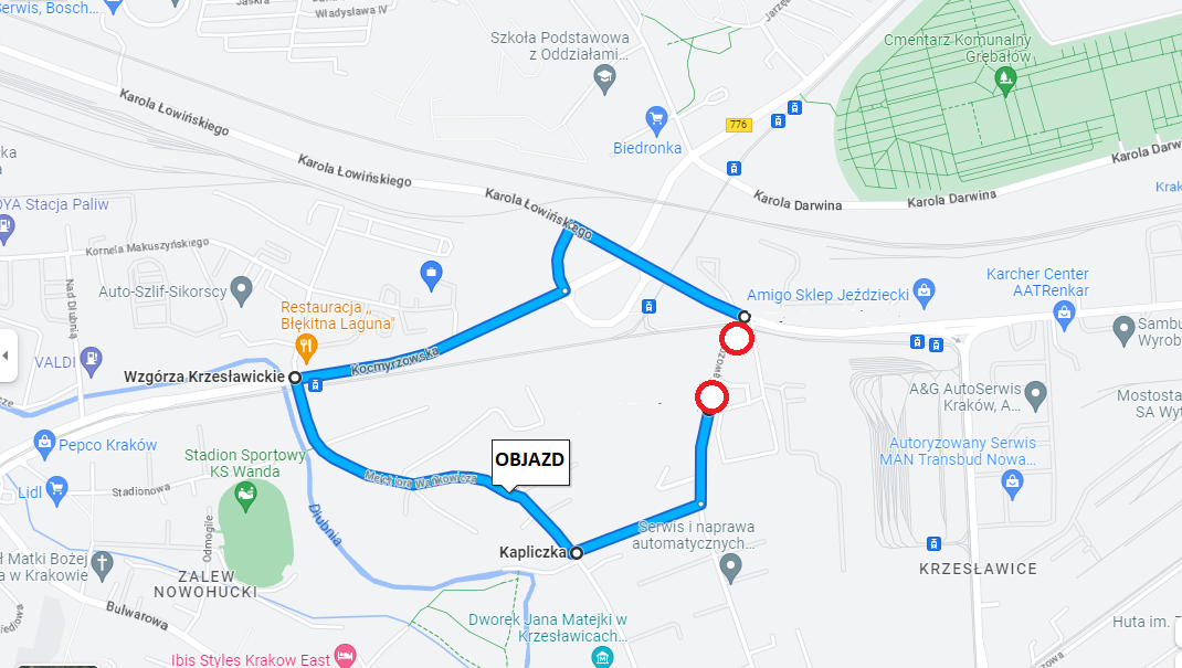 ul. Wąwozowa w Krakowie  zamknięcie od dnia 20.04.2023