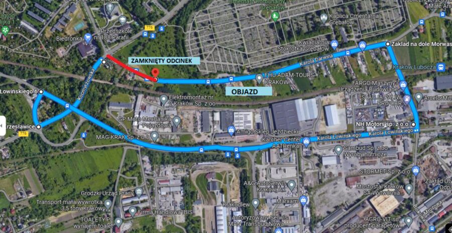 Zamknięcie ul. Darwina od 13 lipca br. S7 Budowa drogi ekspresowej w Krakowie ,informacje o aktualnych utrudnieniach i zmianach organizacji ruchu