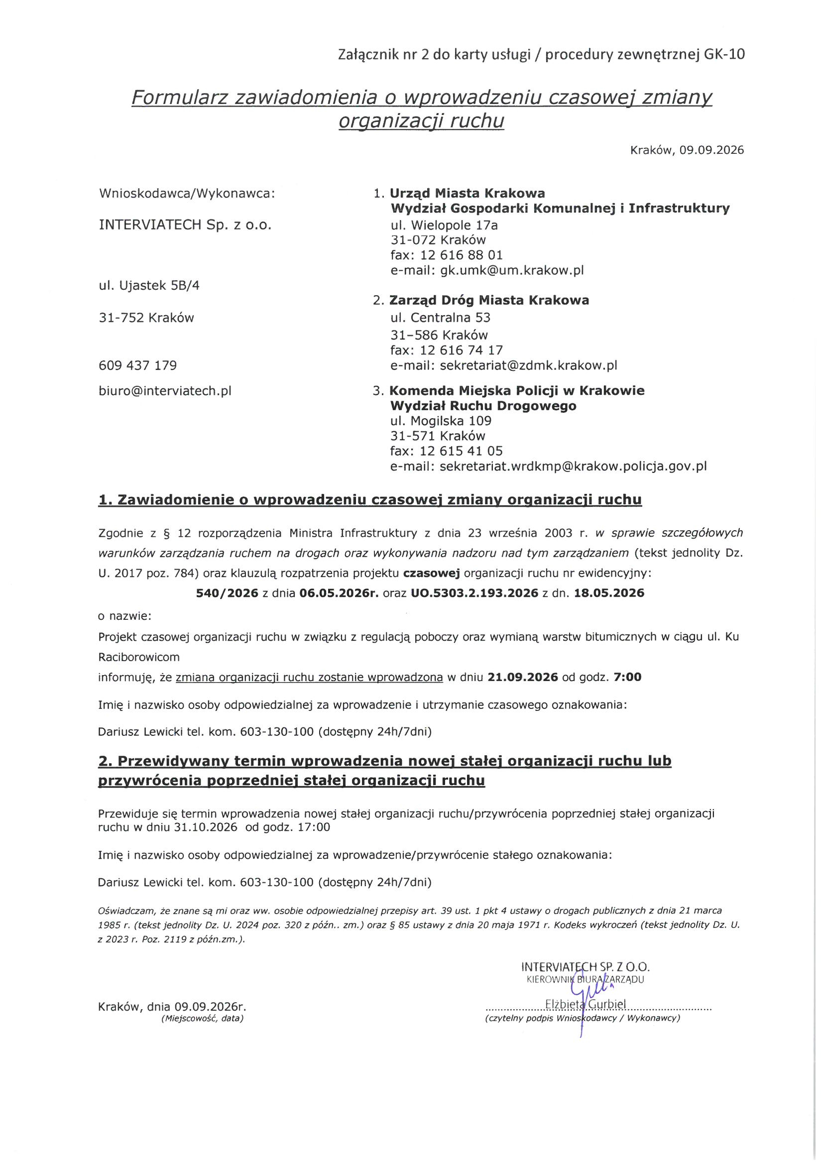 Zawiadomienie o wprowadzeniu TOR ul. Ku Raciborowicom